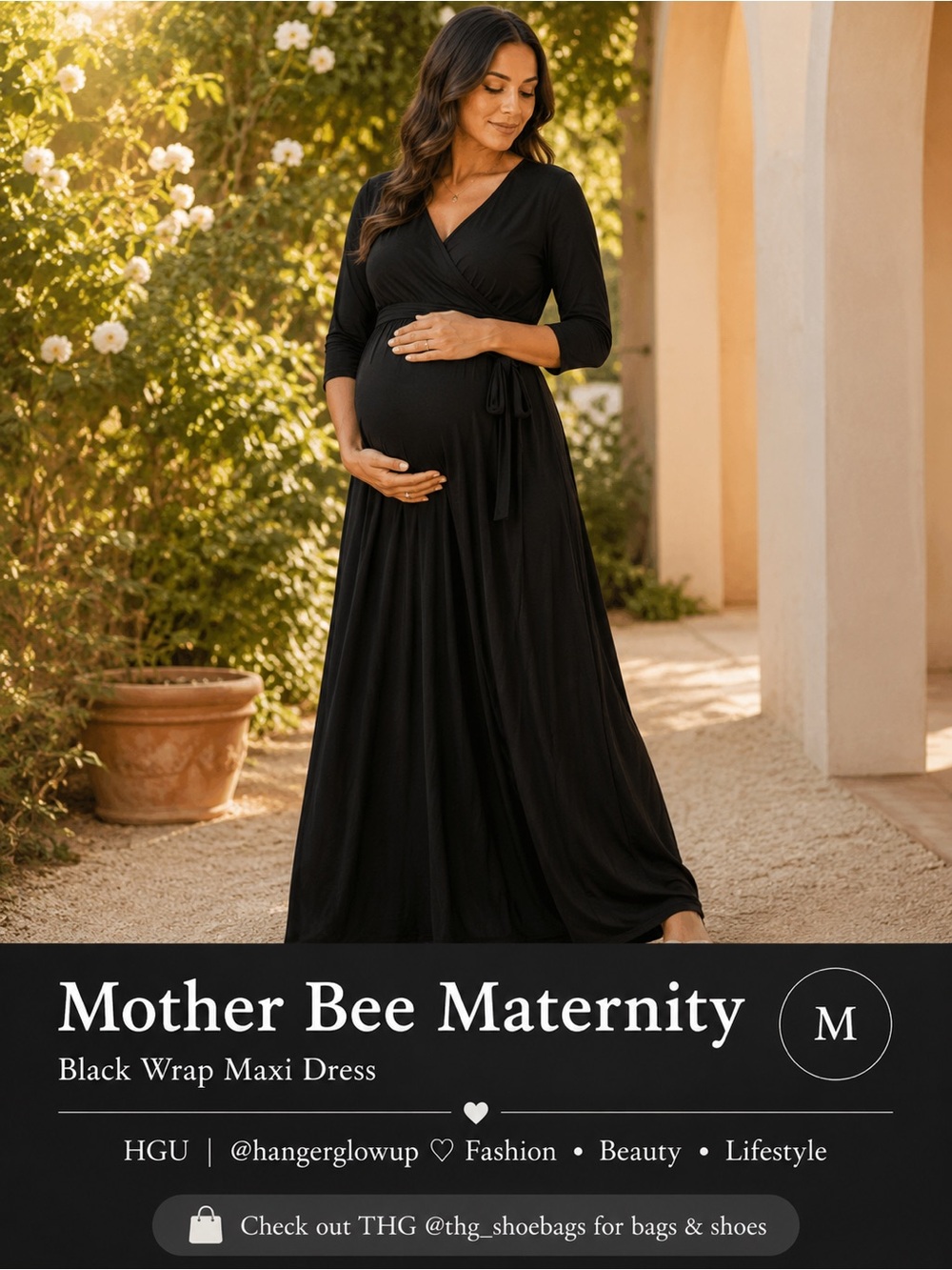 Mother Bee Maternity Black Faux Wrap Maxi Dress Tie Waist 3/4 Sleeve NWT M